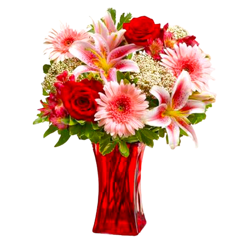 Pretty red vase floral arrangement with roses, lilies, gerberas and alstromeria.