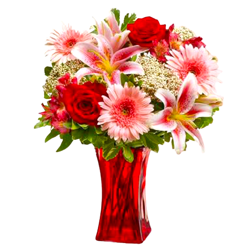 Pretty red vase floral arrangement with roses, lilies, gerberas and alstromeria.