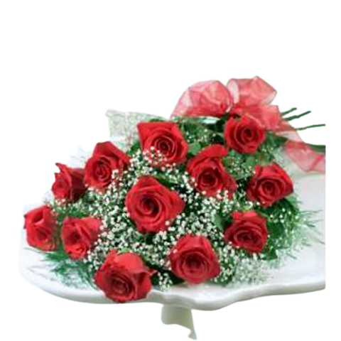 Presentation style floral bouquet of one dozen red roses.