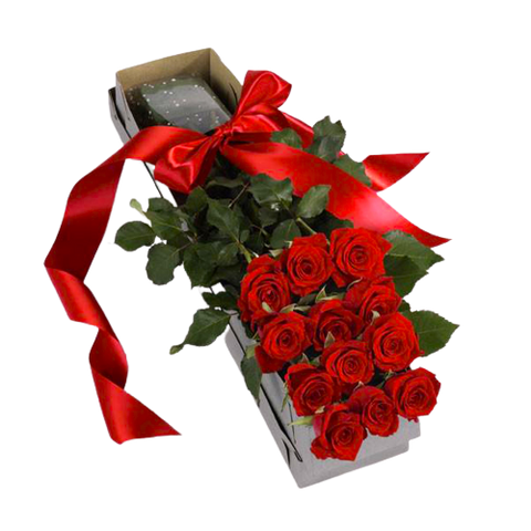 Boxed arrangement of one dozen long stem red roses.