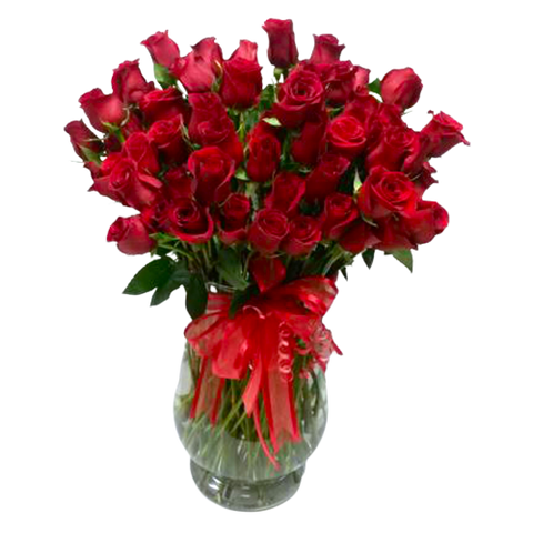 A beautiful arrangement of four dozen red roses.