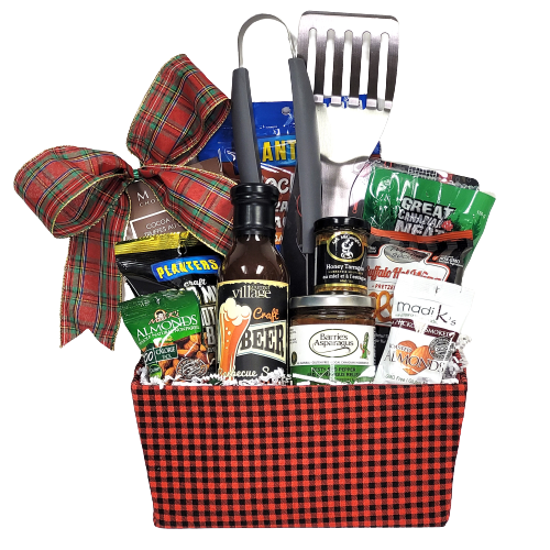They'll savour lots of gourmet delights including BBQ sauce, gourmet mustard, red pepper jelly, pepperoni, snack mix, nuts and pretzels too!